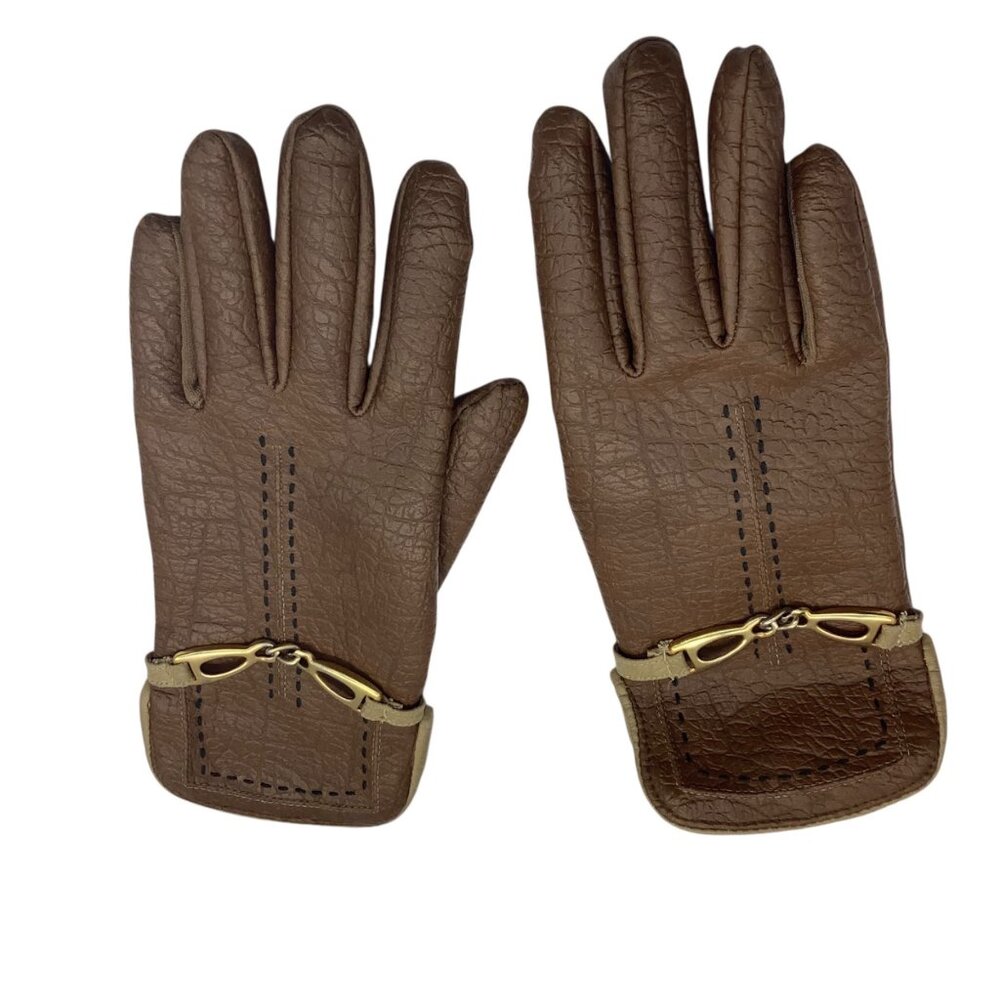 Vtg Corliss‎ Brown Vinyl Gloves Gold Chain Detail Warm Lining Size 8-8/5 Taiwan